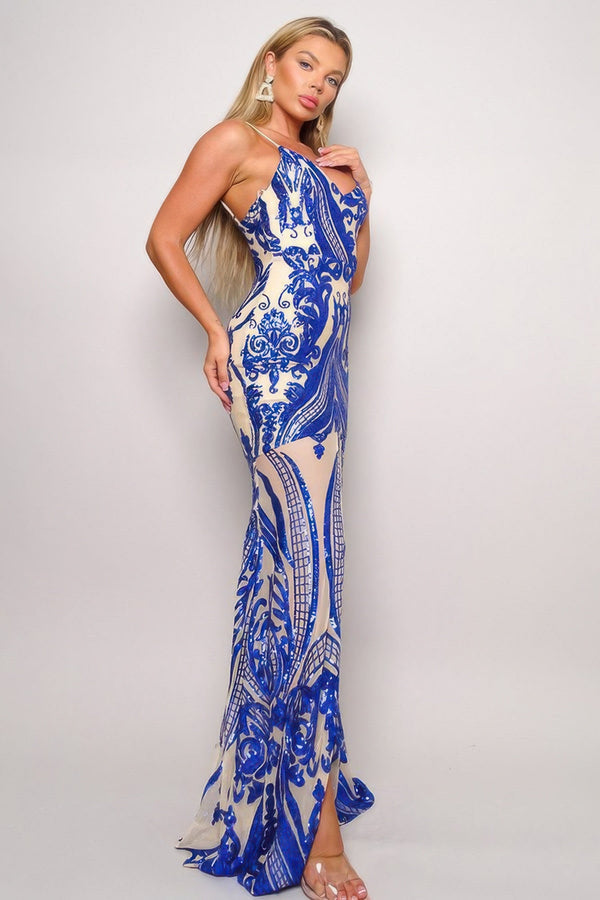 Spaghetti Strap Art Deco Sequins Maxi Dress - Dress - SmartBuyApparel