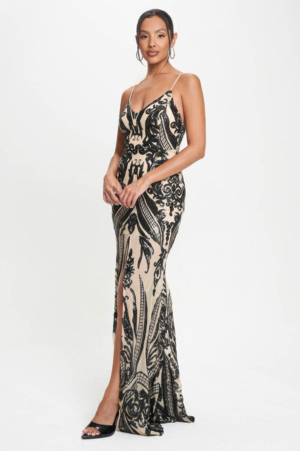 Spaghetti Strap Art Deco Sequins Maxi Dress - Dress - SmartBuyApparel