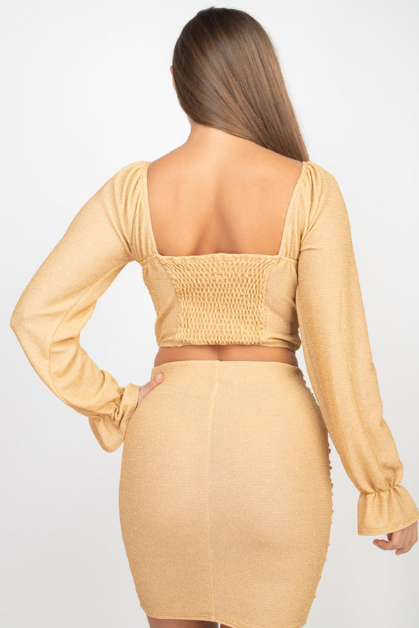 Sparkling Long Sleeves Ruching Back & Skirts Set - Women's set - SmartBuyApparel