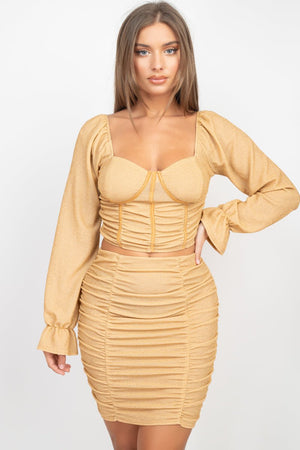 Sparkling Long Sleeves Ruching Back & Skirts Set - Women's set - SmartBuyApparel