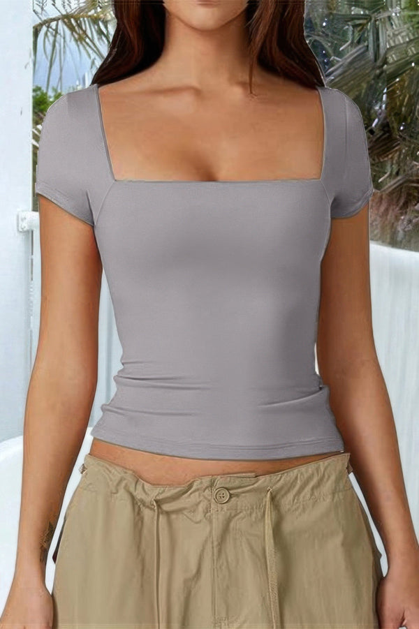 Square Neck Fit Elastic Short Sleeves Shirt - | SmartBuyApparel