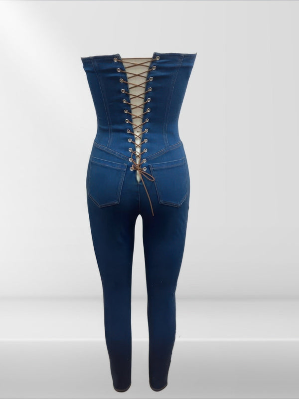 Strapless Denim Jumpsuit With Lace Up Back - | SmartBuyApparel