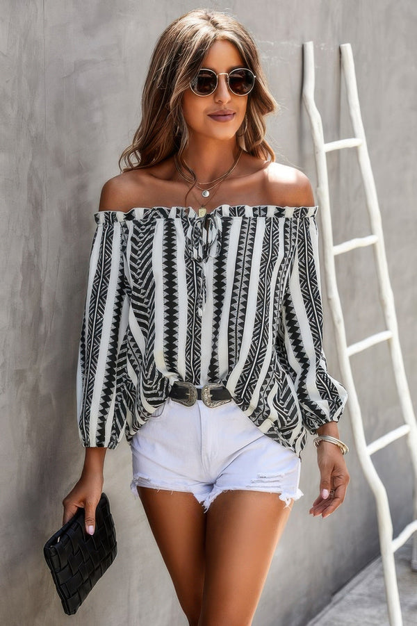 Strip Color Block Off Shoulder Blouse - | SmartBuyApparel