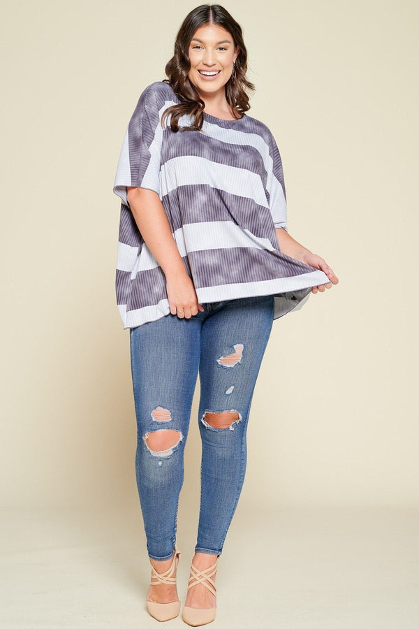 Stripe Printed Pleated Blouse Featuring A Boat Neckline And 1/2 Sleeves - Women's Blouse - SmartBuyApparel