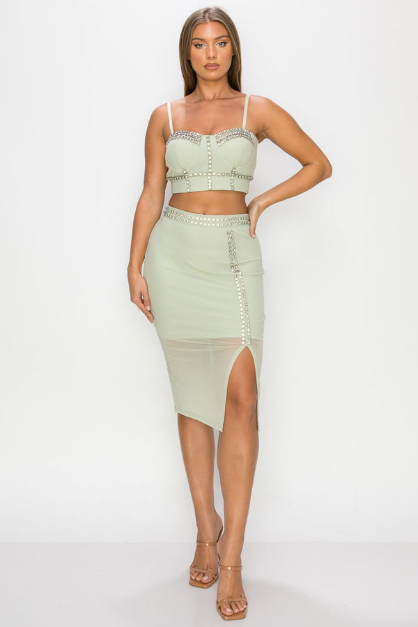 Studded Stone Cami Top & Slit Mini Skirts Set - Women's set - SmartBuyApparel