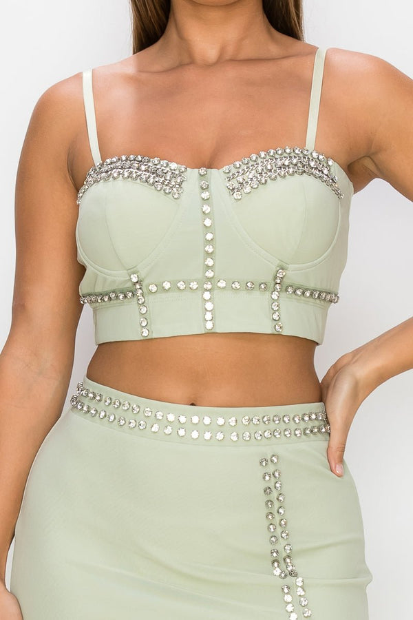Studded Stone Cami Top & Slit Mini Skirts Set - Women's set - SmartBuyApparel
