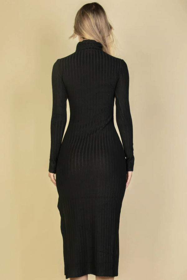 Sweater - knit Fuzzy Turtle Neck Split Thigh Dress - Dress - SmartBuyApparel