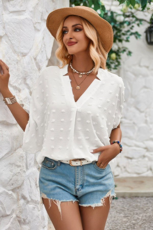 Swiss Dot V Neck Loose Half Sleeve Blouse - | SmartBuyApparel