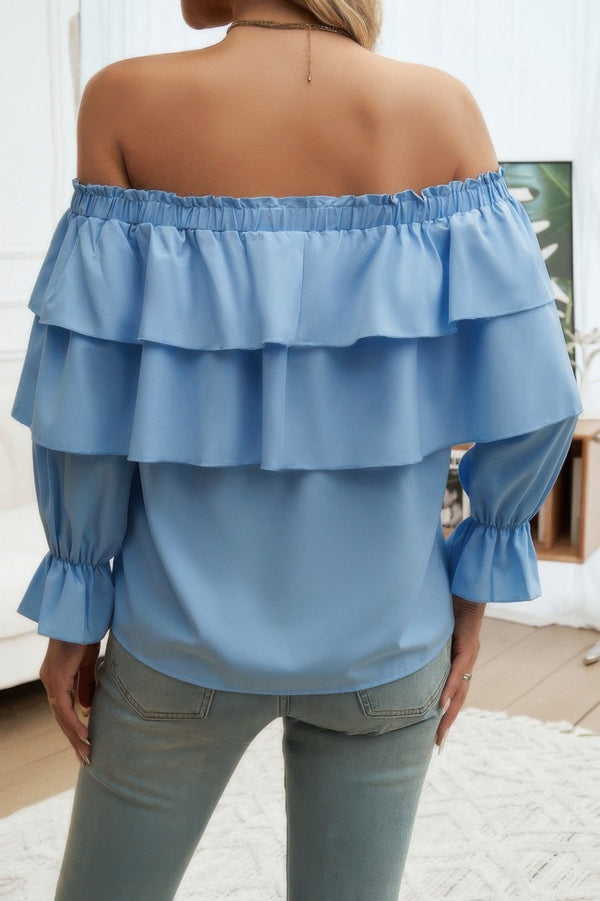 Tiered Ruffles Drawstring Ruched Neck Blouse - | SmartBuyApparel