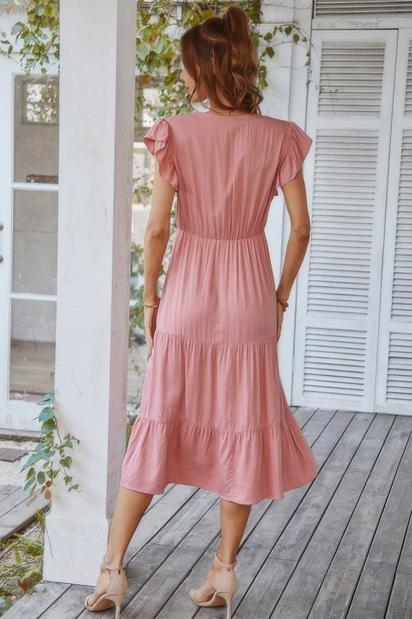 V Neck Flutter Sleeve Ruffle Hem Layered Dress - | SmartBuyApparel