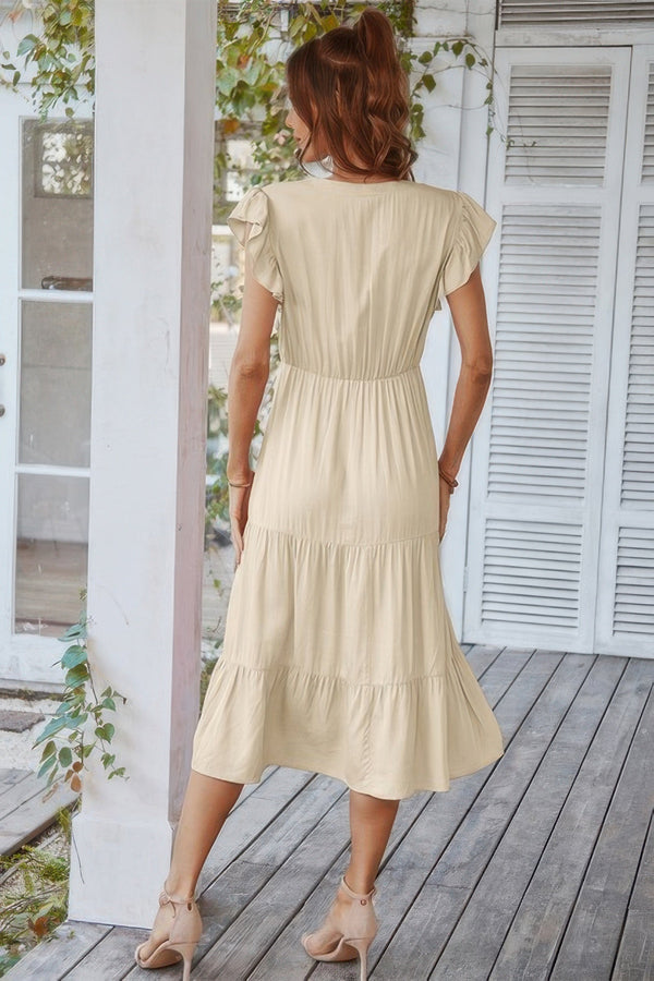 V Neck Flutter Sleeve Ruffle Hem Layered Dress - | SmartBuyApparel