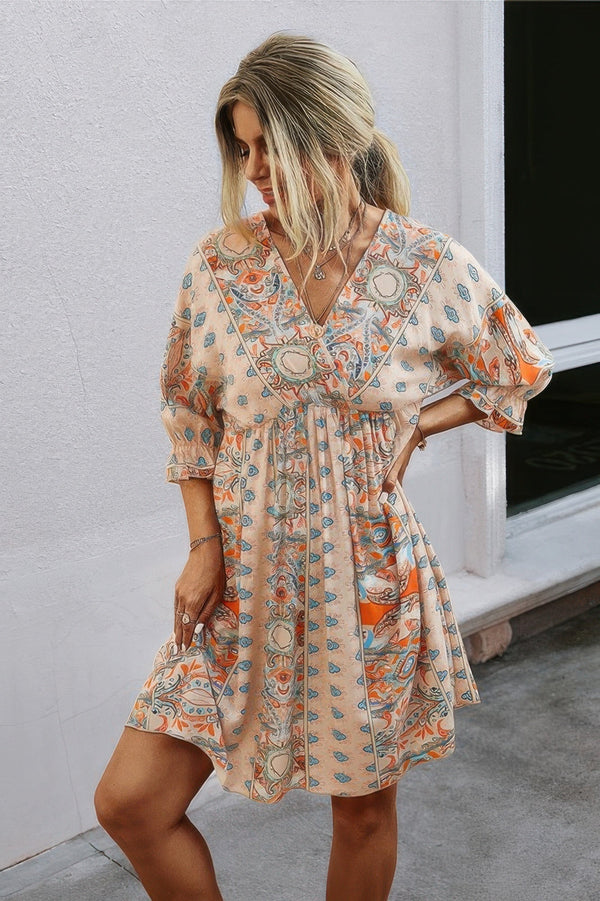 V Neck Half Sleeve Graphic Swing Dress - | SmartBuyApparel