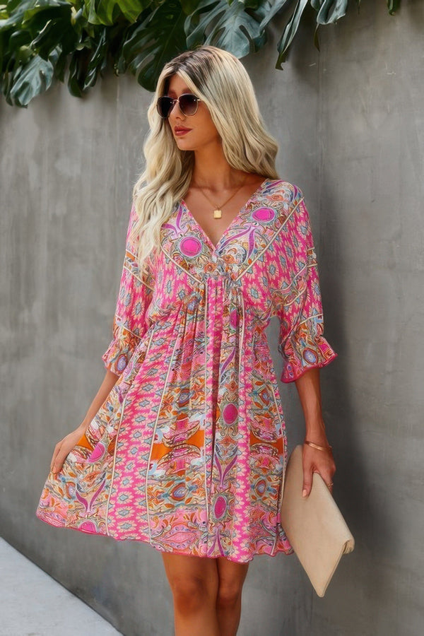 V Neck Half Sleeve Graphic Swing Dress - | SmartBuyApparel