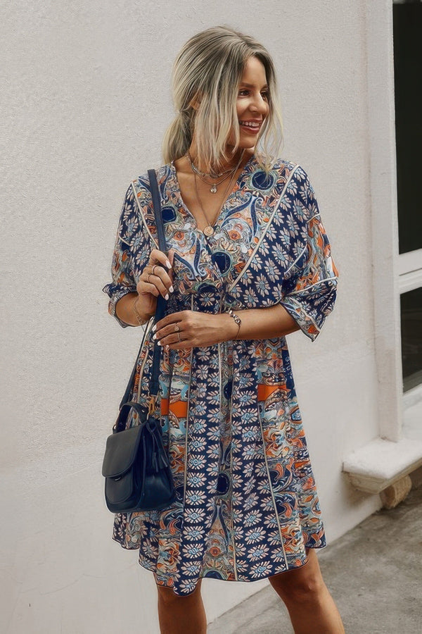 V Neck Half Sleeve Graphic Swing Dress - | SmartBuyApparel
