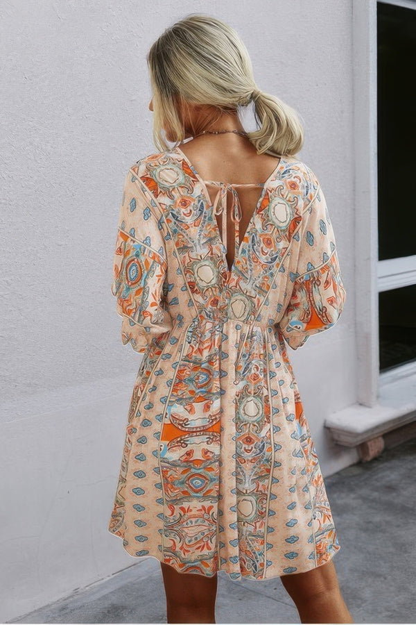V Neck Half Sleeve Graphic Swing Dress - | SmartBuyApparel
