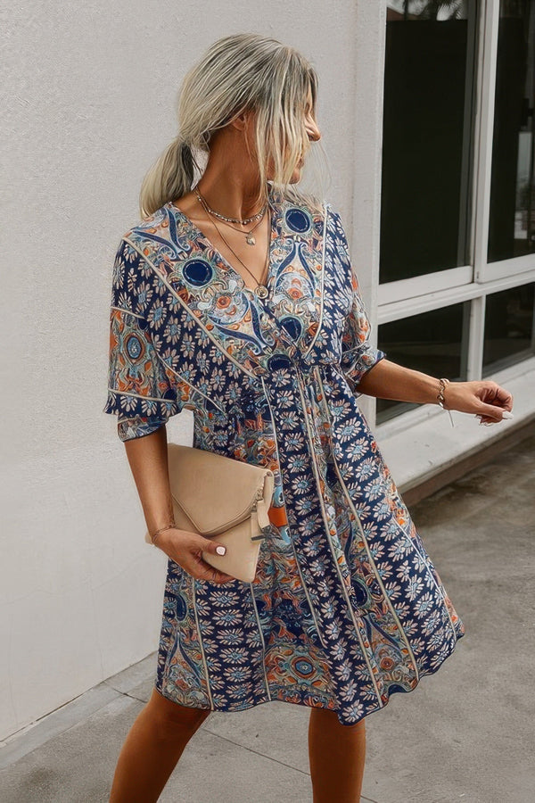 V Neck Half Sleeve Graphic Swing Dress - | SmartBuyApparel