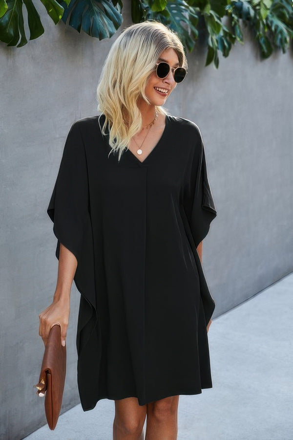 V Neck Solid Short Sleeve Dress - | SmartBuyApparel