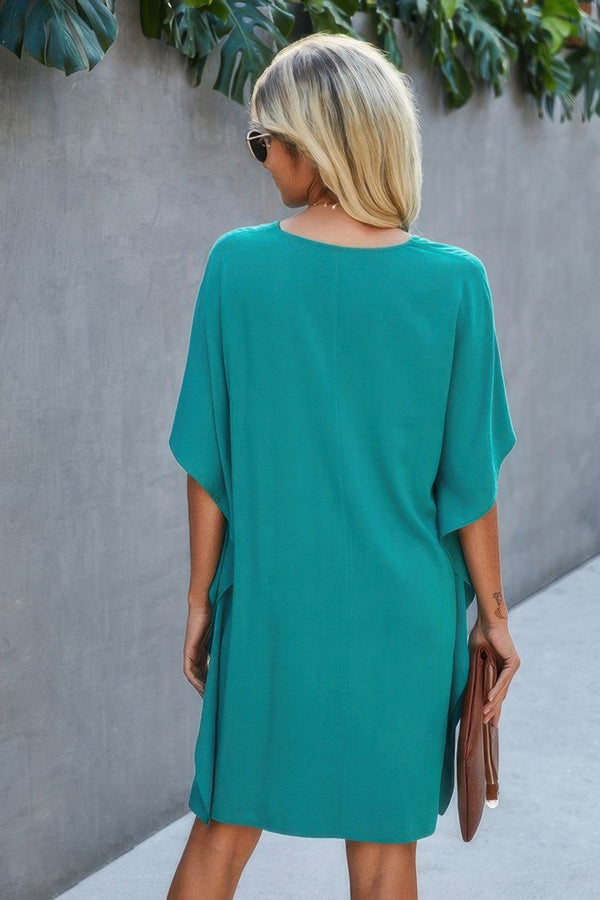V Neck Solid Short Sleeve Dress - | SmartBuyApparel
