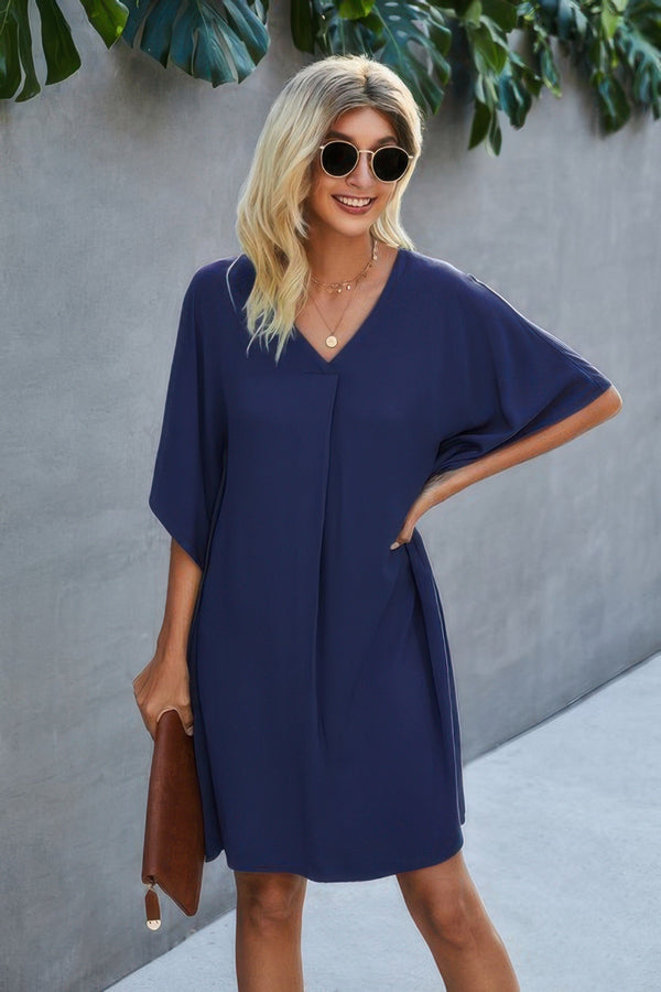 V Neck Solid Short Sleeve Dress - | SmartBuyApparel