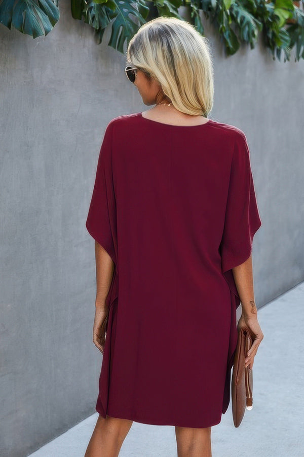 V Neck Solid Short Sleeve Dress - | SmartBuyApparel