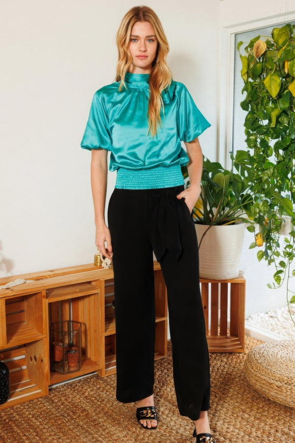 Waist Smocked Solid Satin Blouse - Women's Blouse - SmartBuyApparel